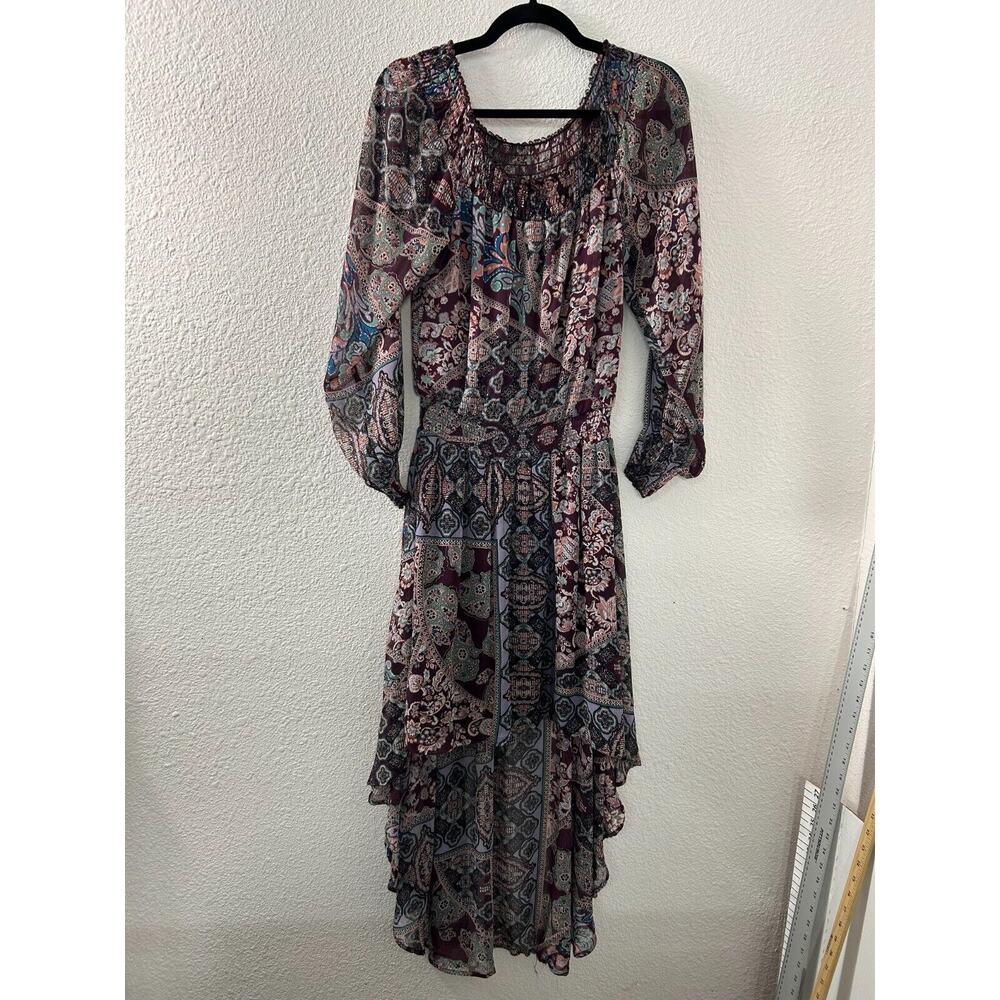Fire Los Angeles Dress Purple Paisley Boho Peasant Hi-Lo Ruched Off Shoulder M‎